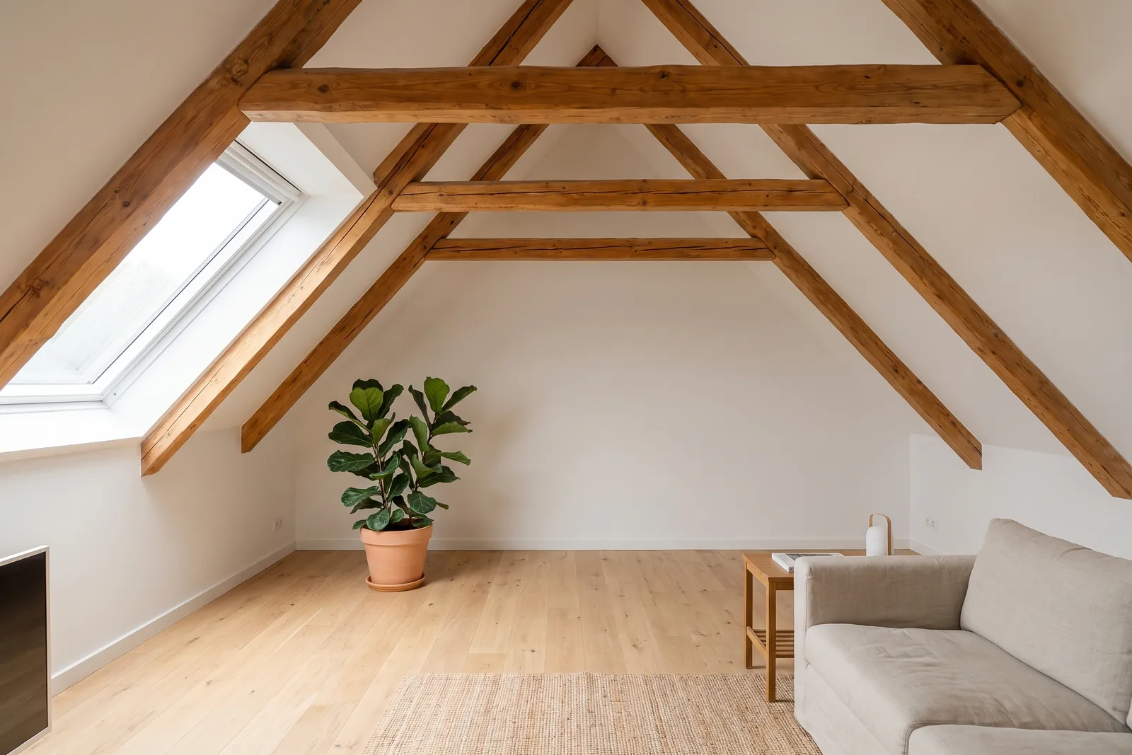 Ausgebautes Dachgeschoss mit sichtbaren Holzbalken