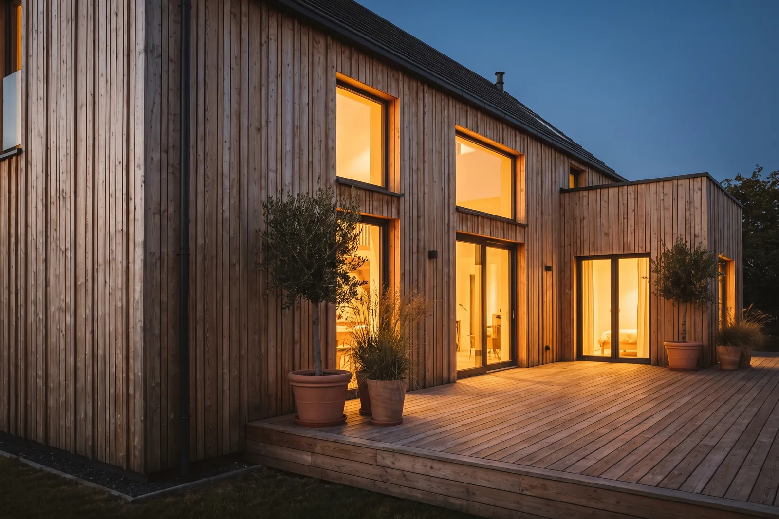 Haus mit senkrechter Lärchenfassade und Holzterrasse
