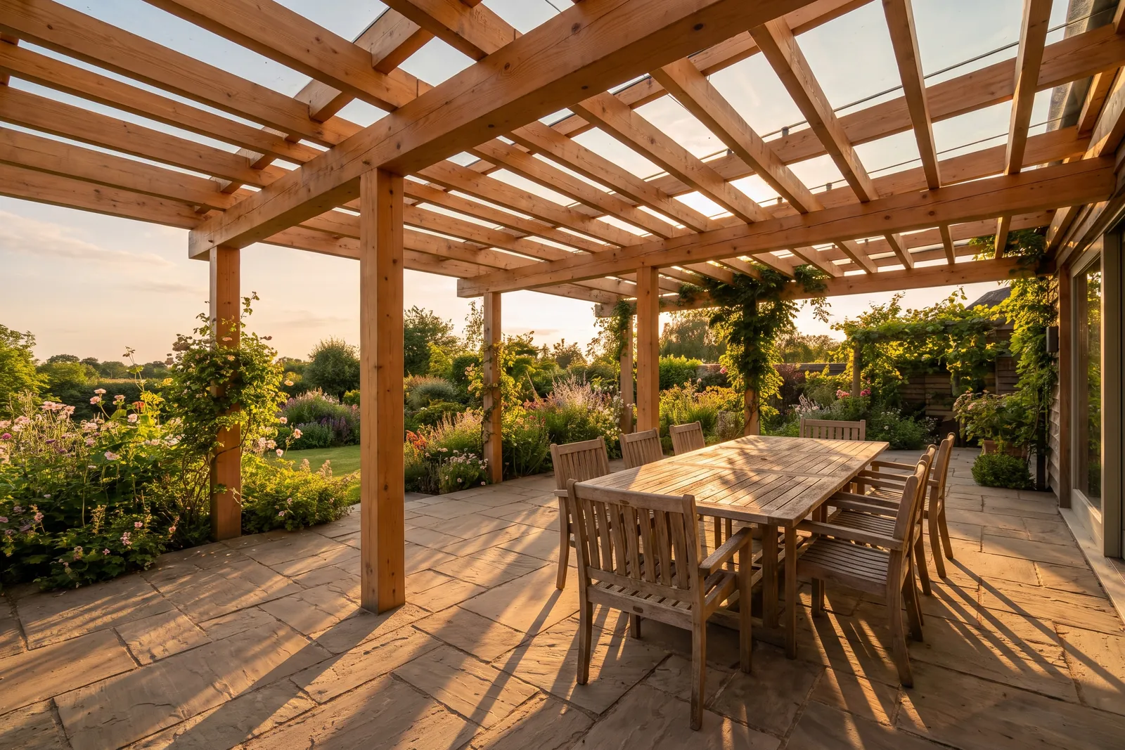 Pergola aus Holz mit Glasdach über einer Terrasse